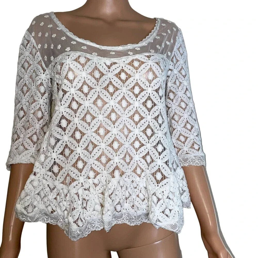 En Creme brand lace blouse top SZ L Peplum semi shear 3/4 sleeve white Boho